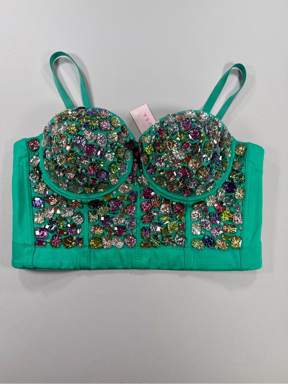 Lydia USA Green Rhinestone Bustier Crop Top Size M Y2K Corset